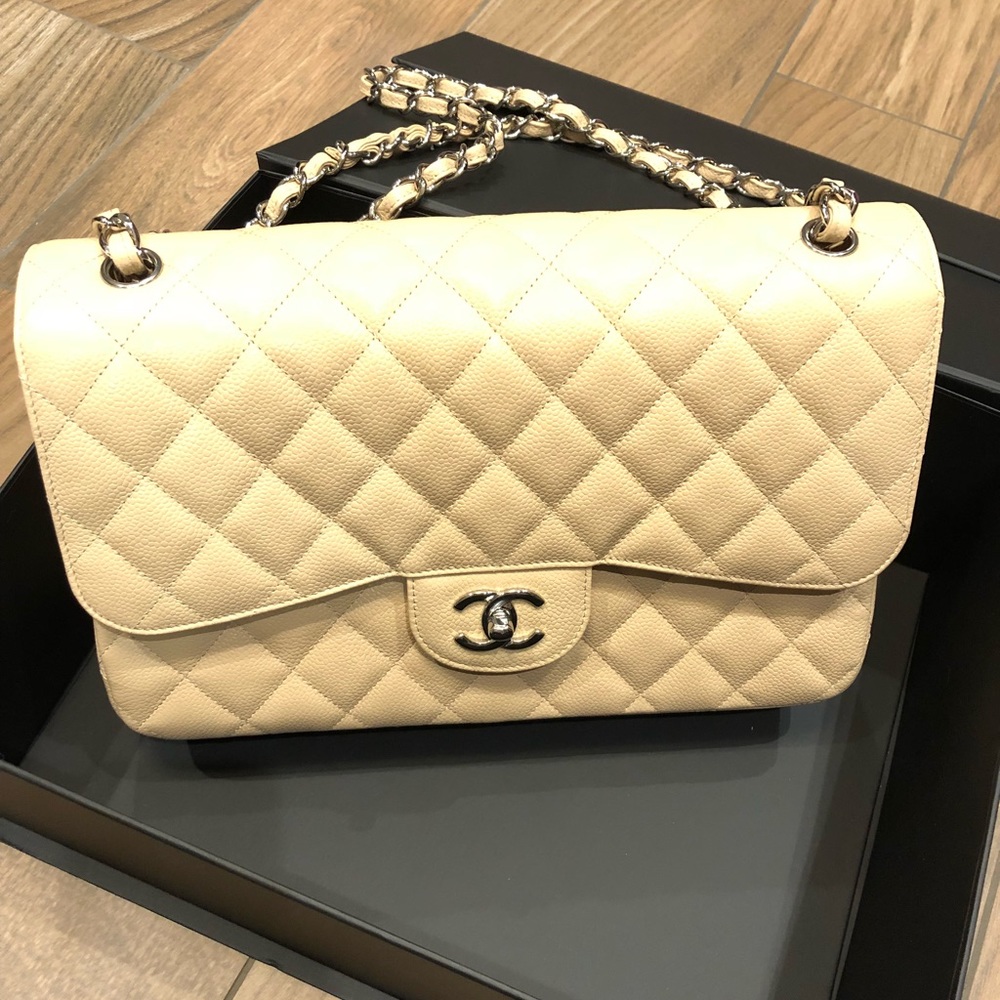 Classic Double Flap Quilted Caviar Jumbo Beige